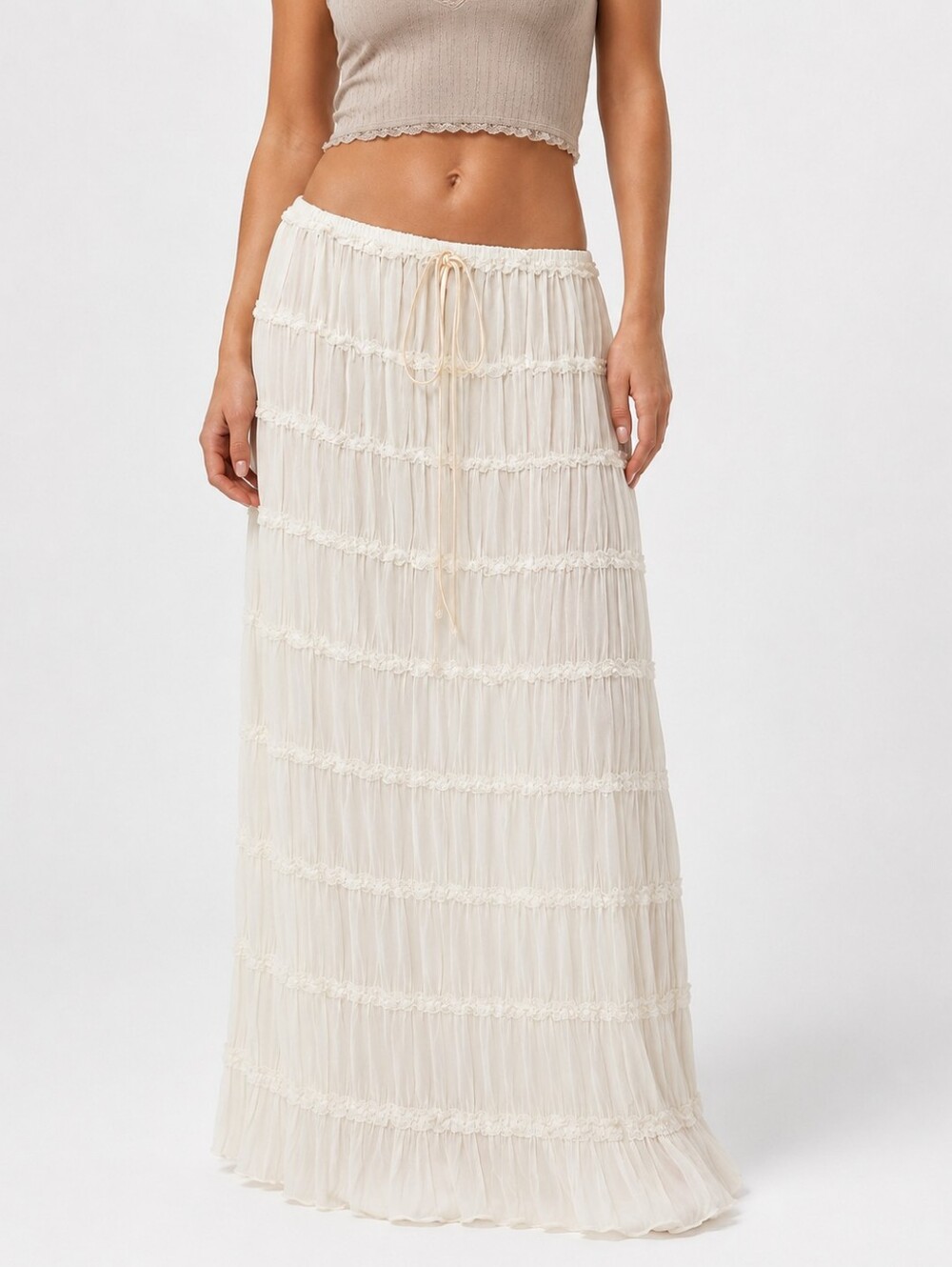Charming Bunny Ivory Sheer Tiered Maxi Skirt Low Waist Fairycore Ethereal Boho S